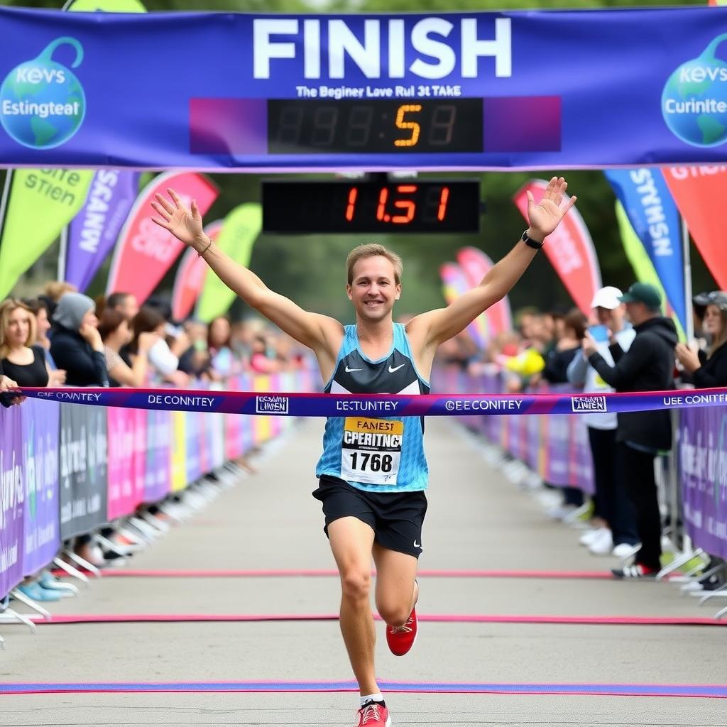 Beginner runner crossing the finish line of a 5K race.