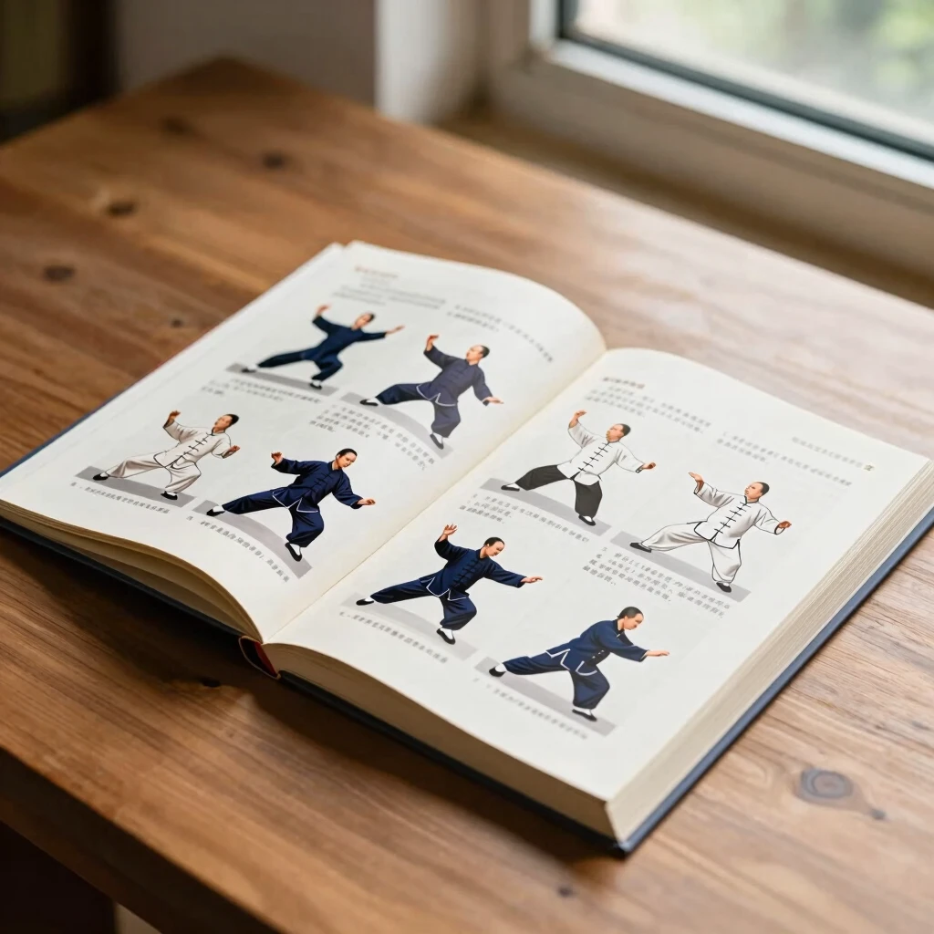 Open Tai Chi Handbook book with illustrated forms on a wooden table