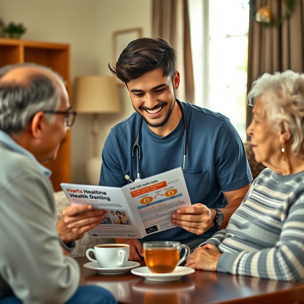 A community health worker discusses health with an elderly couple at home.