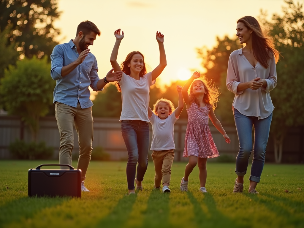 Family dancing in backyard