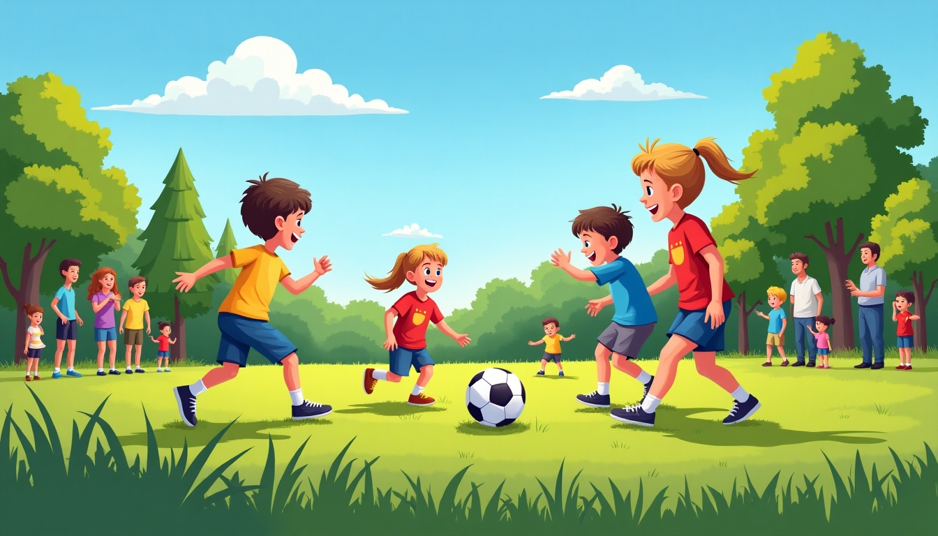 Kids playing soccer with parents cheering