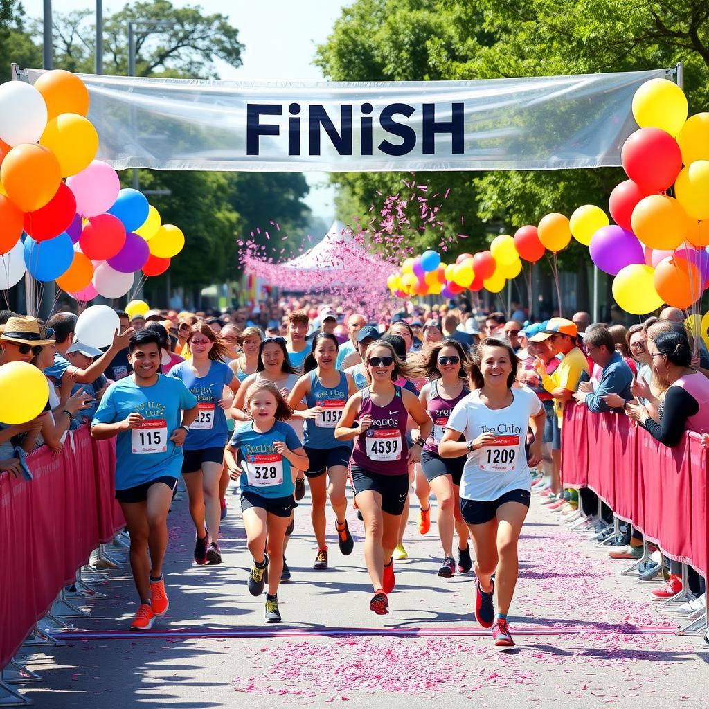 Runners, including families, cross the 5K finish line with balloons, spectators, and a 'Finish' banner in the background.