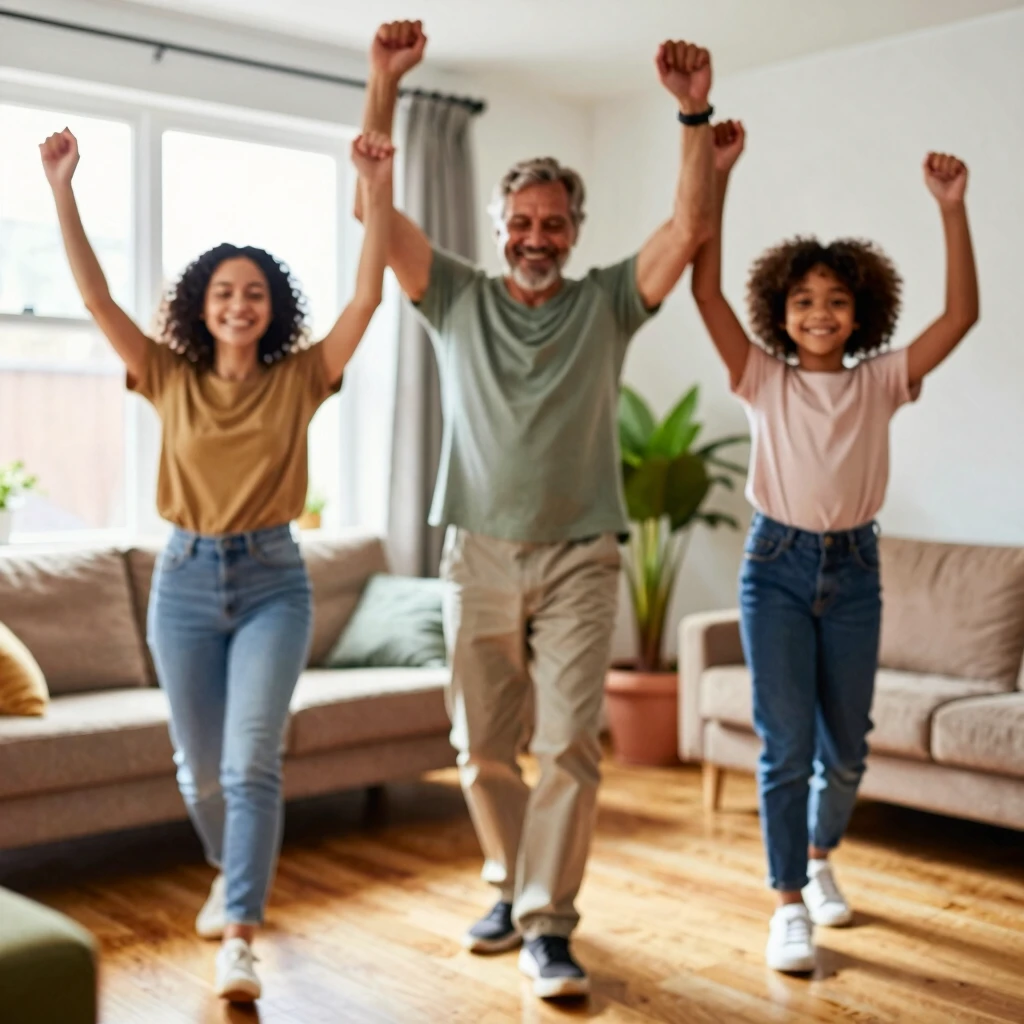 Family warming up with marching in place at home