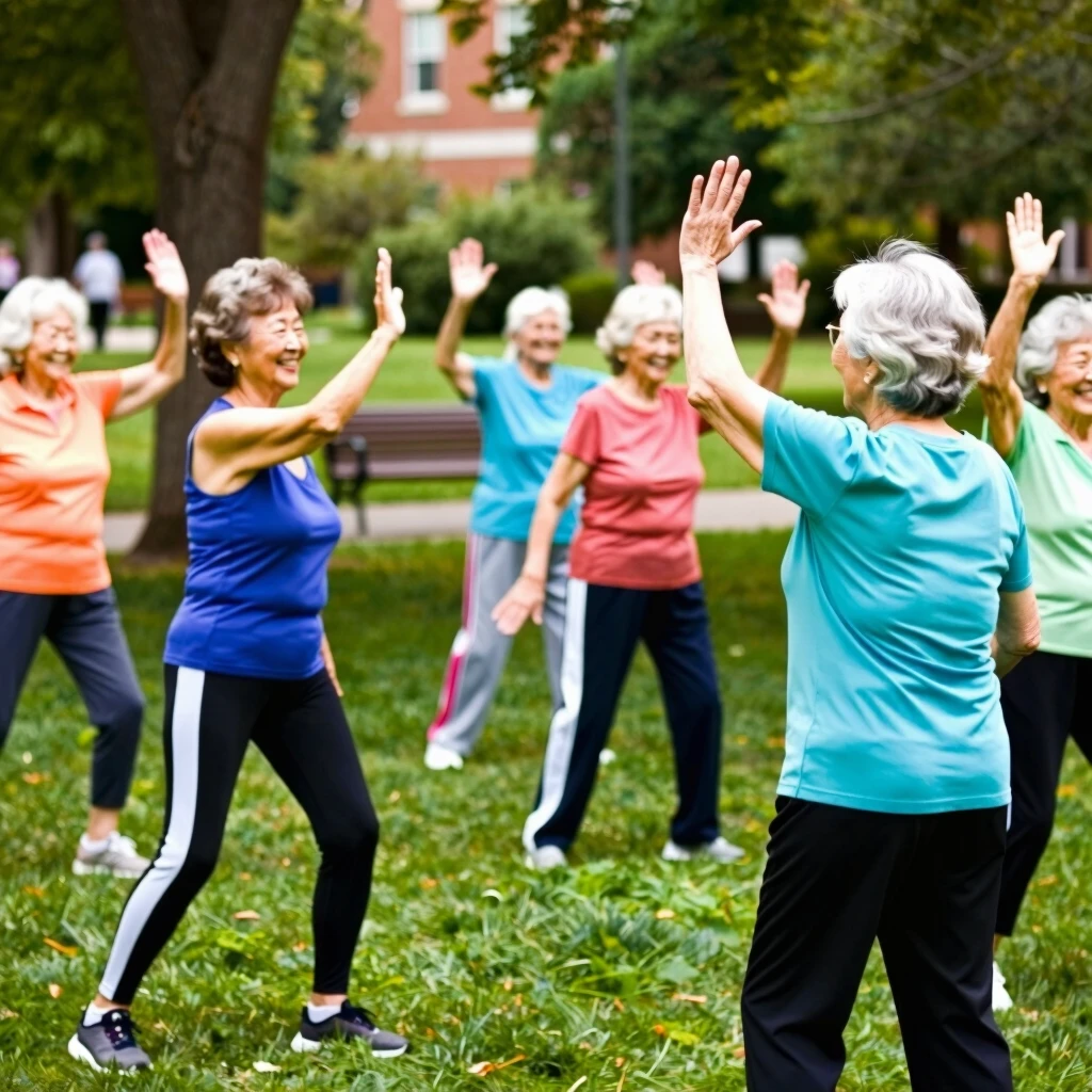 Group of seniors enjoying a community fitness class