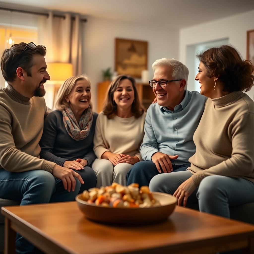 A happy family in a cozy living room, symbolizing family wellness and support.