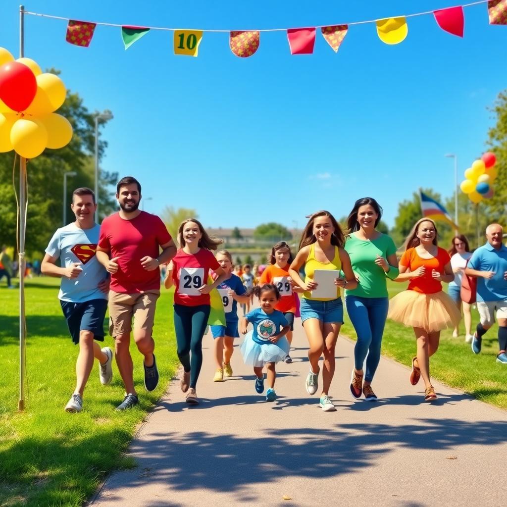 Families in colorful costumes run and walk in a sunny park during a family fun run, with balloons and banners in the background.