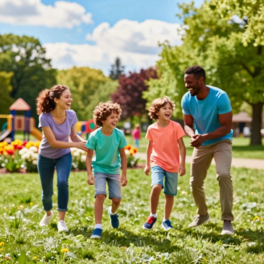 Family playing tag in a sunny summer park
