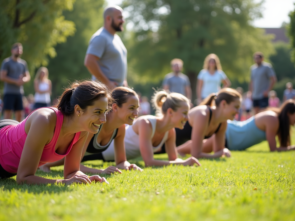 A diverse group doing push-ups in an outdoor fitness class.