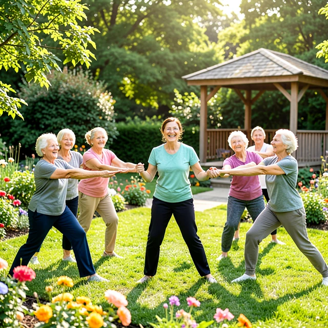Seniors in a group wellness program outdoors practicing gentle exercises for better health