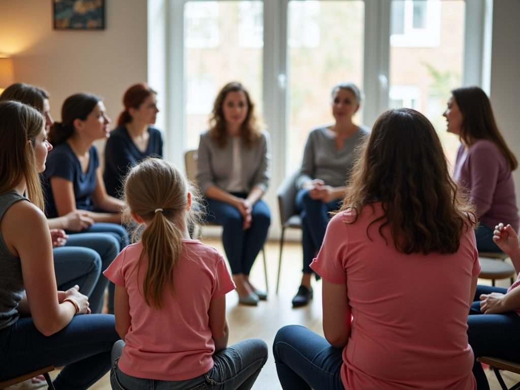 A support group meeting for parents of children with chronic FPIES, sharing experiences and advice.