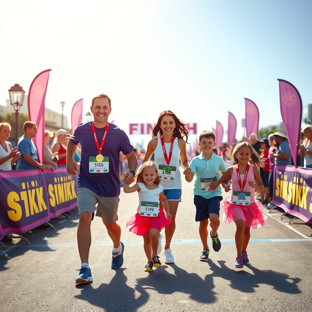 Family celebrating at the end of a 5K race