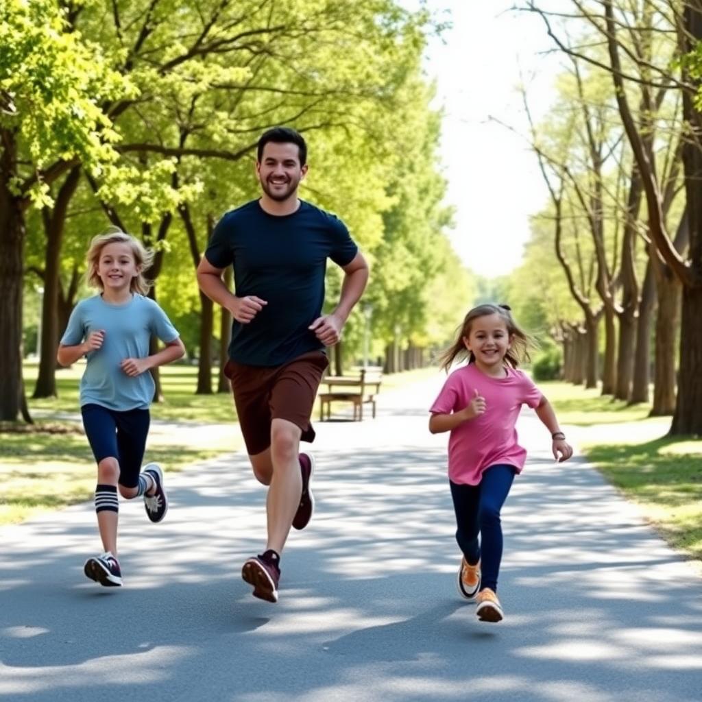 Family running together in a park.