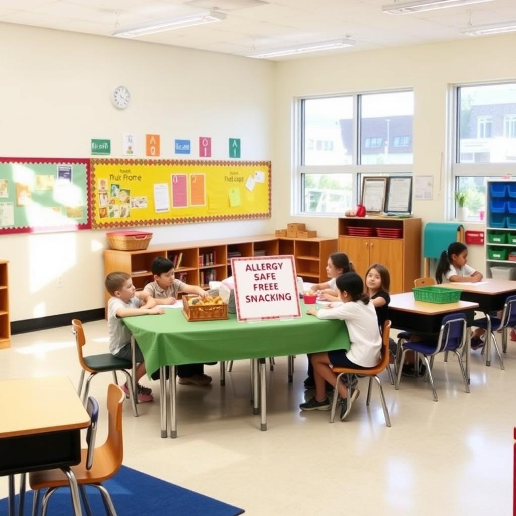 A classroom with a designated nut-free snack table, colorful posters, and students working together.