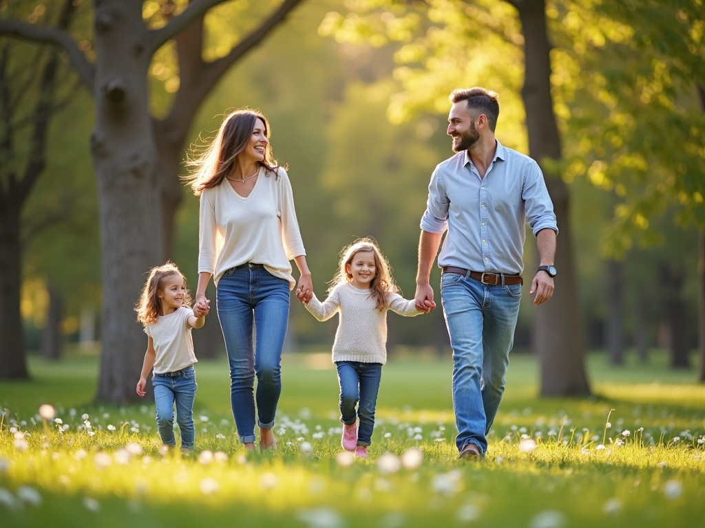 A family walking together in a park, symbolizing unity and happiness.