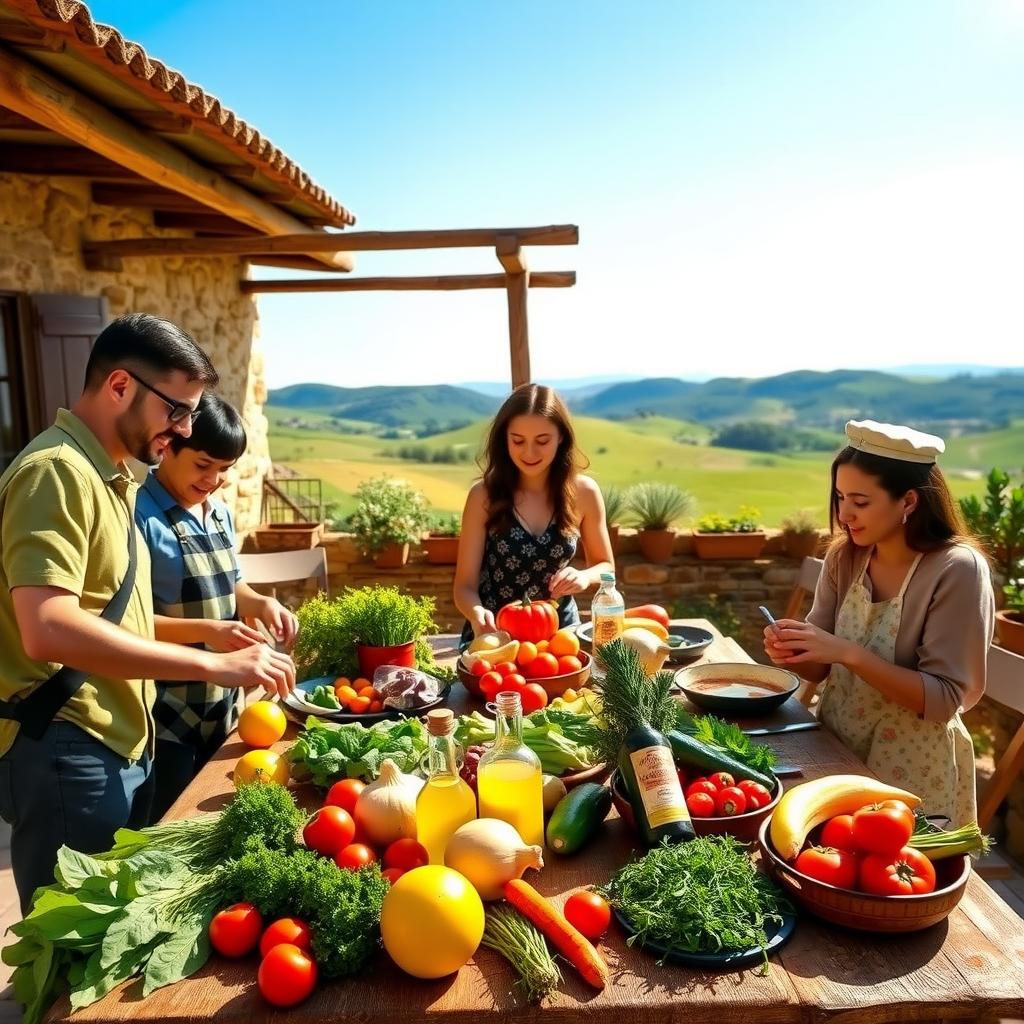A family of five cooking a healthy meal in an outdoor kitchen with Tuscan hills in the background.