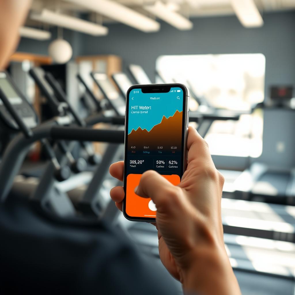 Person tracking HIIT progress on a smartphone app in a gym