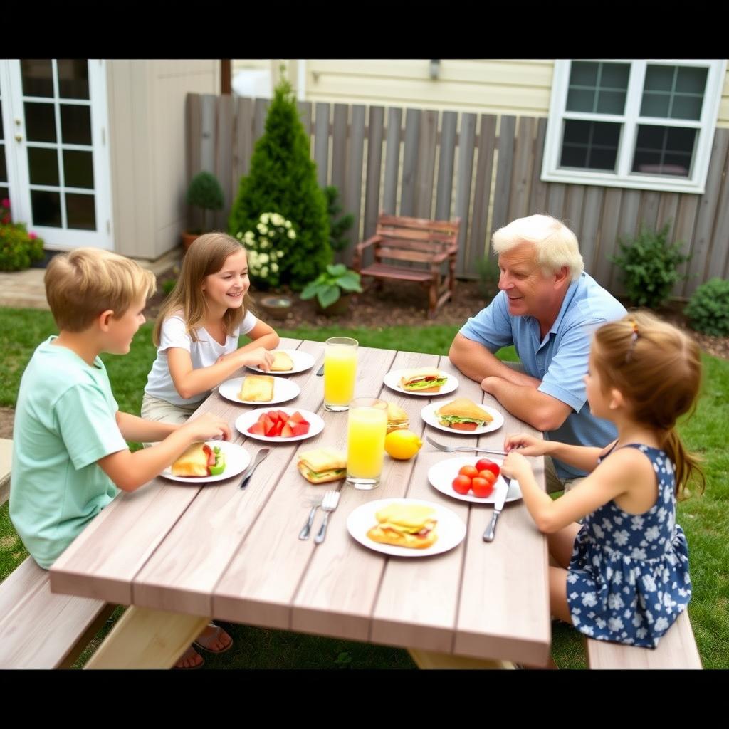 A family having a picnic meal together in their backyard.