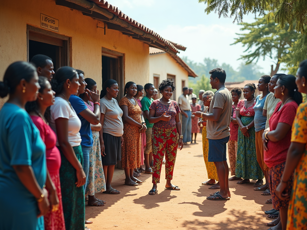 Community health clinic in a rural area with a community health worker assisting a patient.