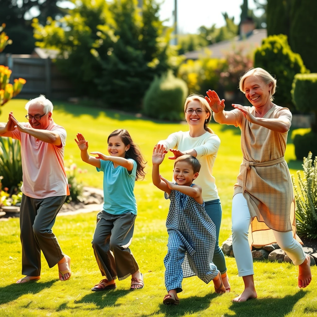 Multi-generational family practicing Tai Chi together outdoors