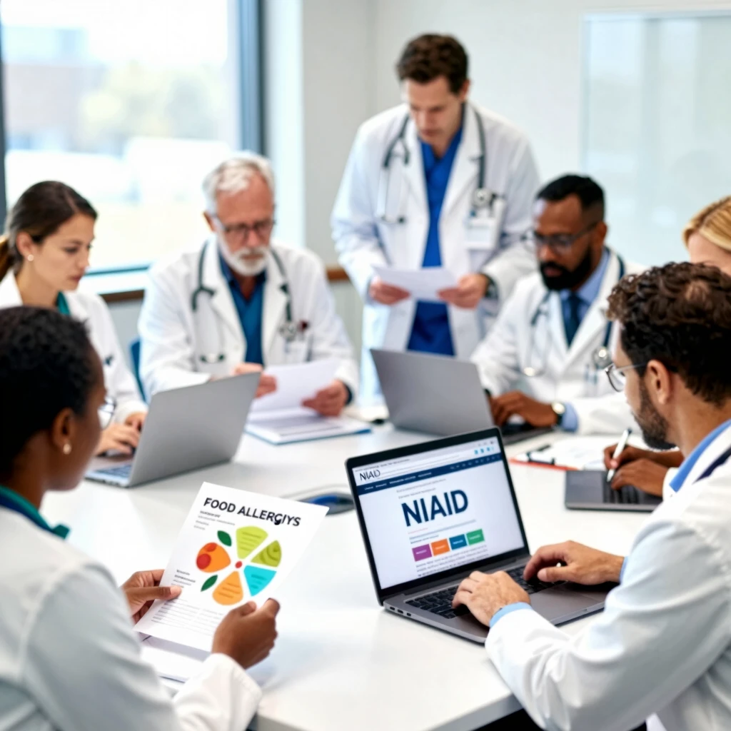 Experts discussing NIAID food allergy guidelines in a bright conference room