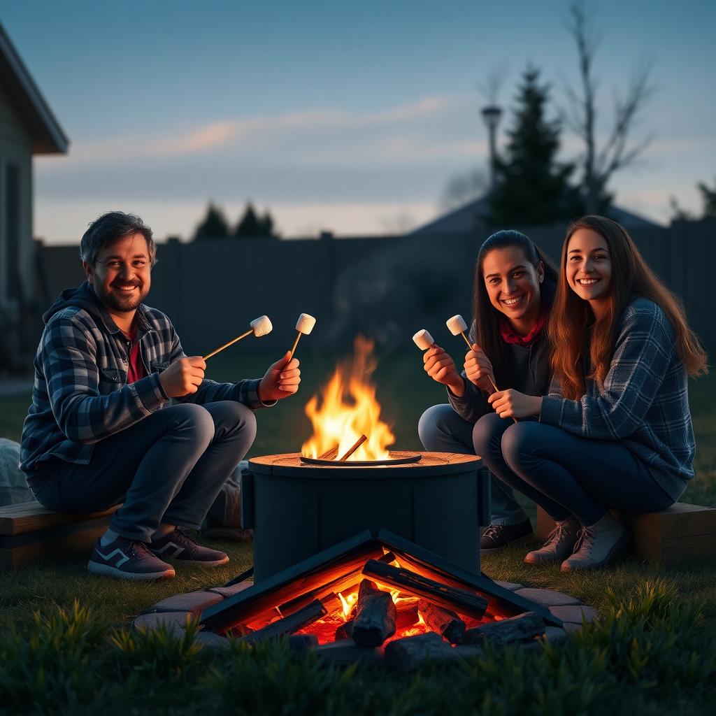 A family of four enjoying a cozy campfire in their backyard at dusk, roasting marshmallows and smiling together.