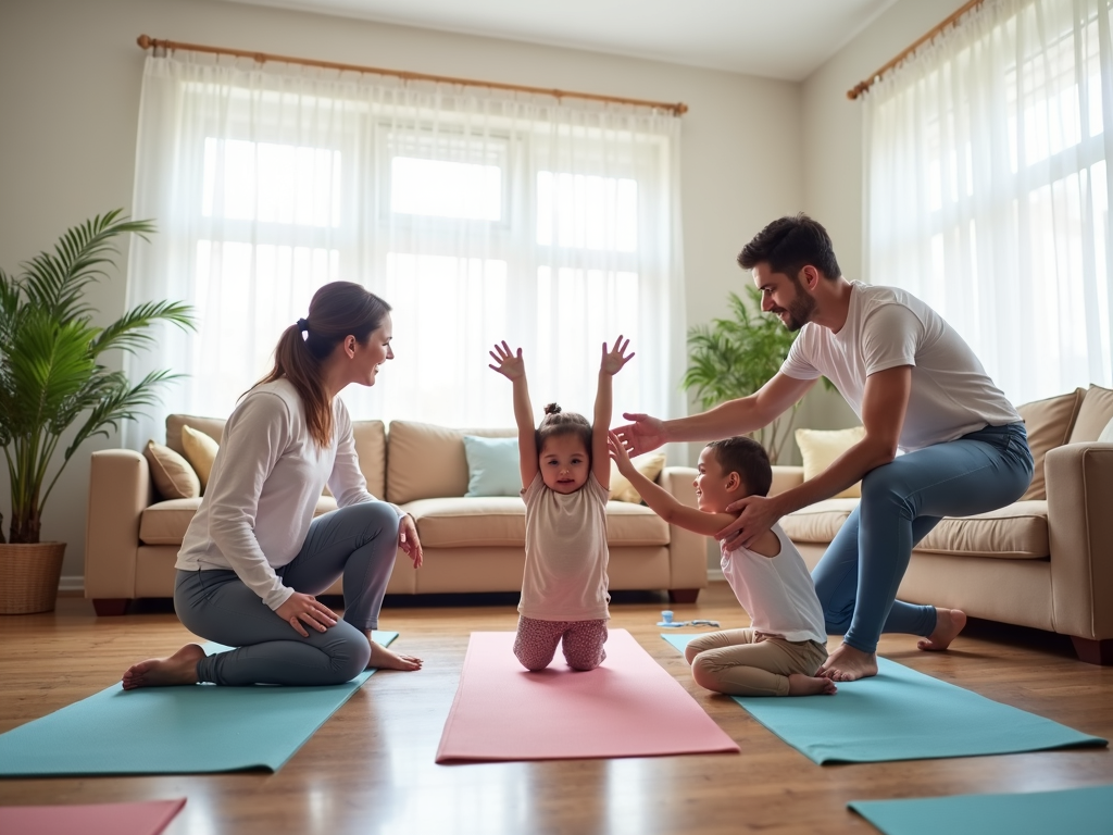 Family practicing yoga together at home
