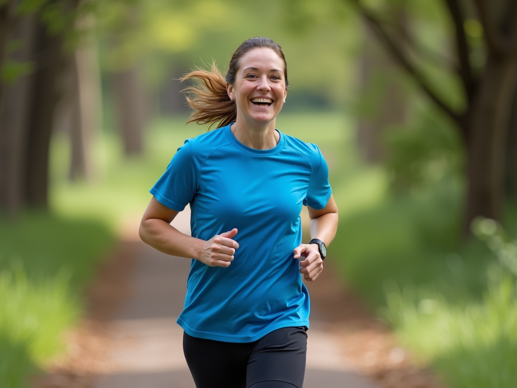 A person running on a trail, surrounded by trees and greenery.