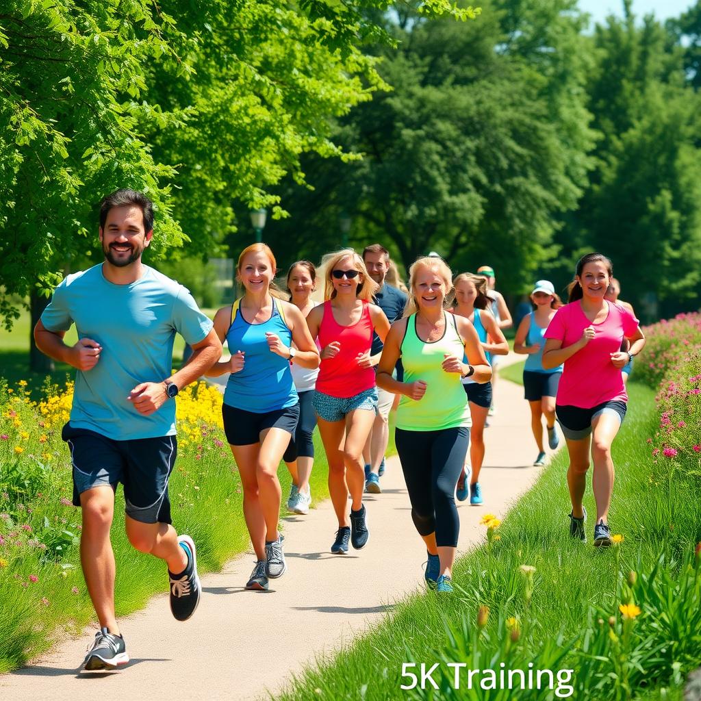 Group of runners training on a sunny park trail for a 5K race.