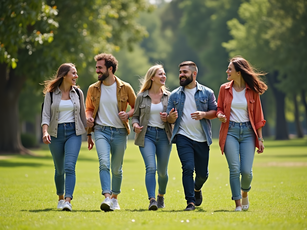 Beginners walking together in a park