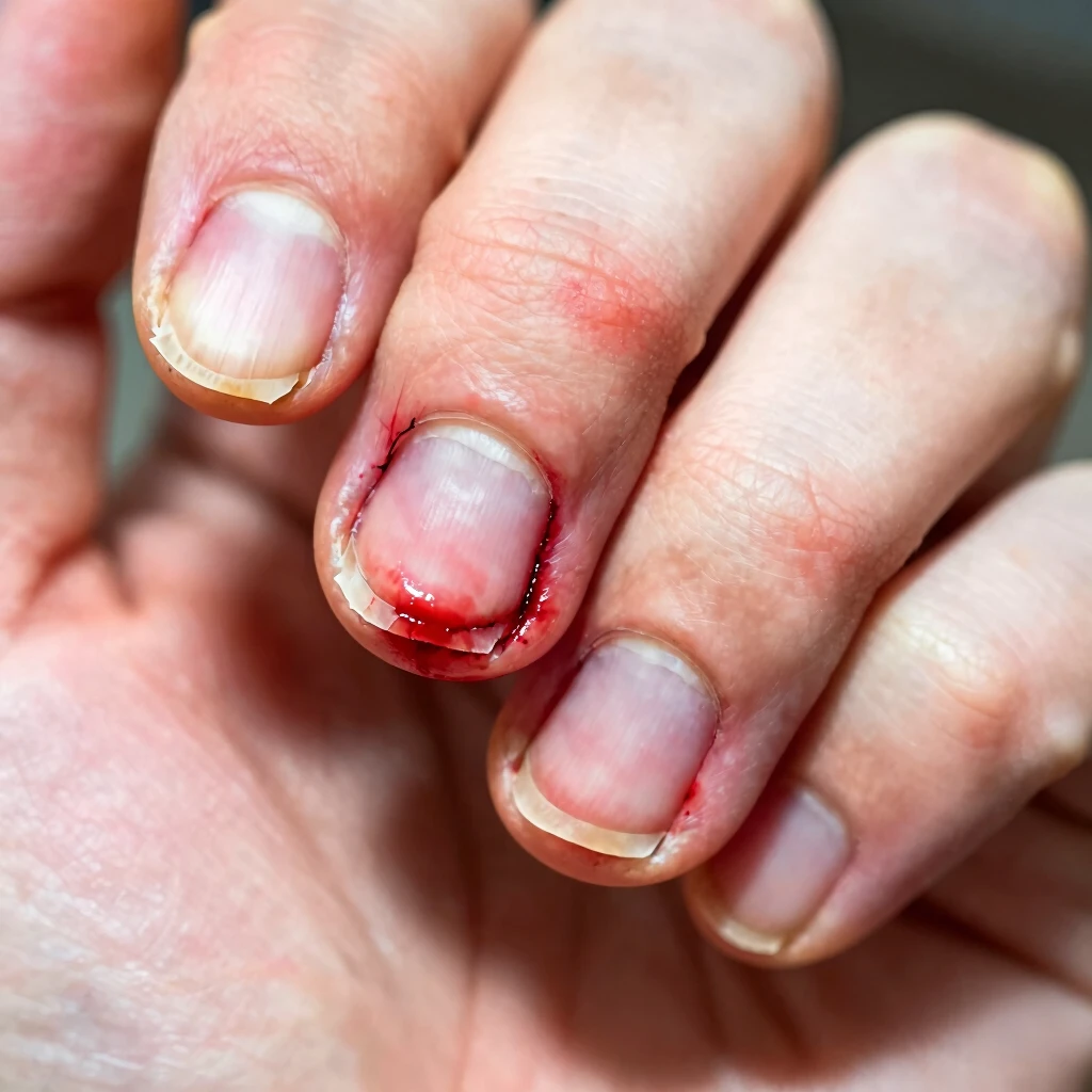 Close-up of damaged fingernails from chronic nail biting