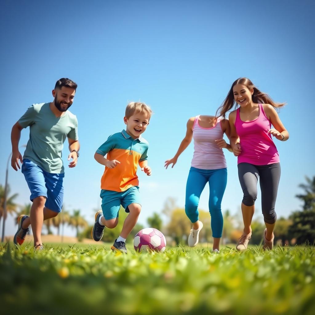 A family of four playing soccer together in a sunny park, smiling and enjoying an active day outdoors.