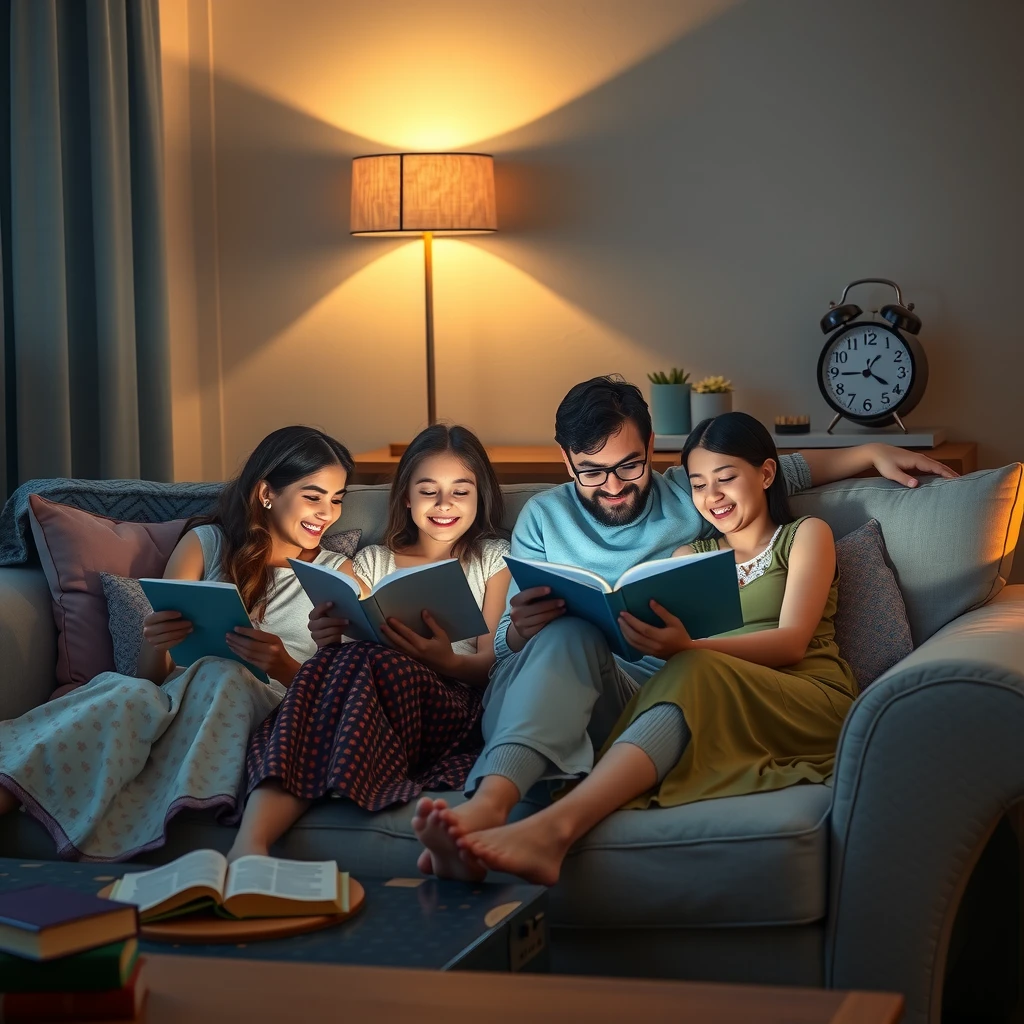 Family winding down with evening reading routine