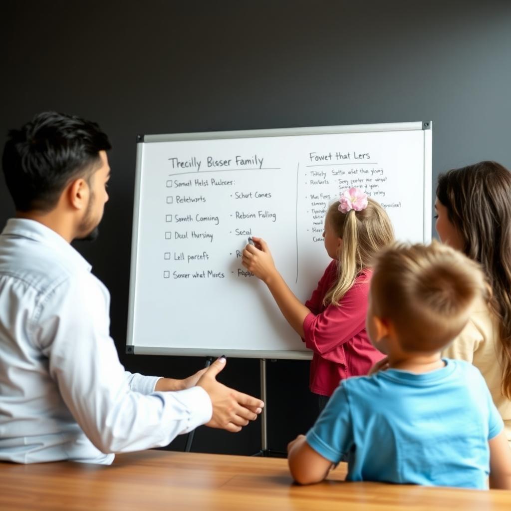 A therapist teaching a family about mental health and therapy techniques.