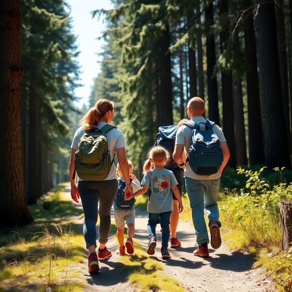 A family of four hiking together on a sunny forest trail, surrounded by tall trees and greenery.
