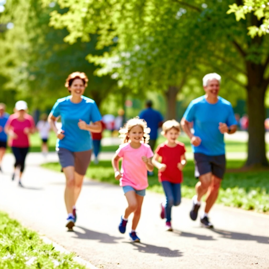 Happy family participating in a 5K fun run in the park