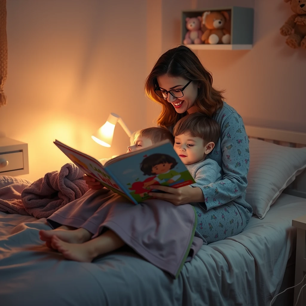 A parent tucking in children with a bedtime story