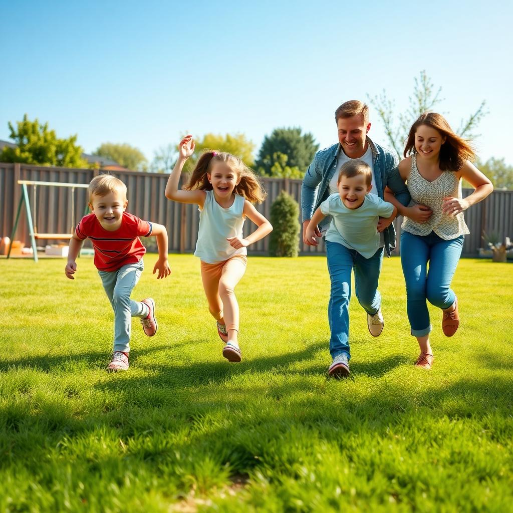 Family playing tag in a sunny backyard