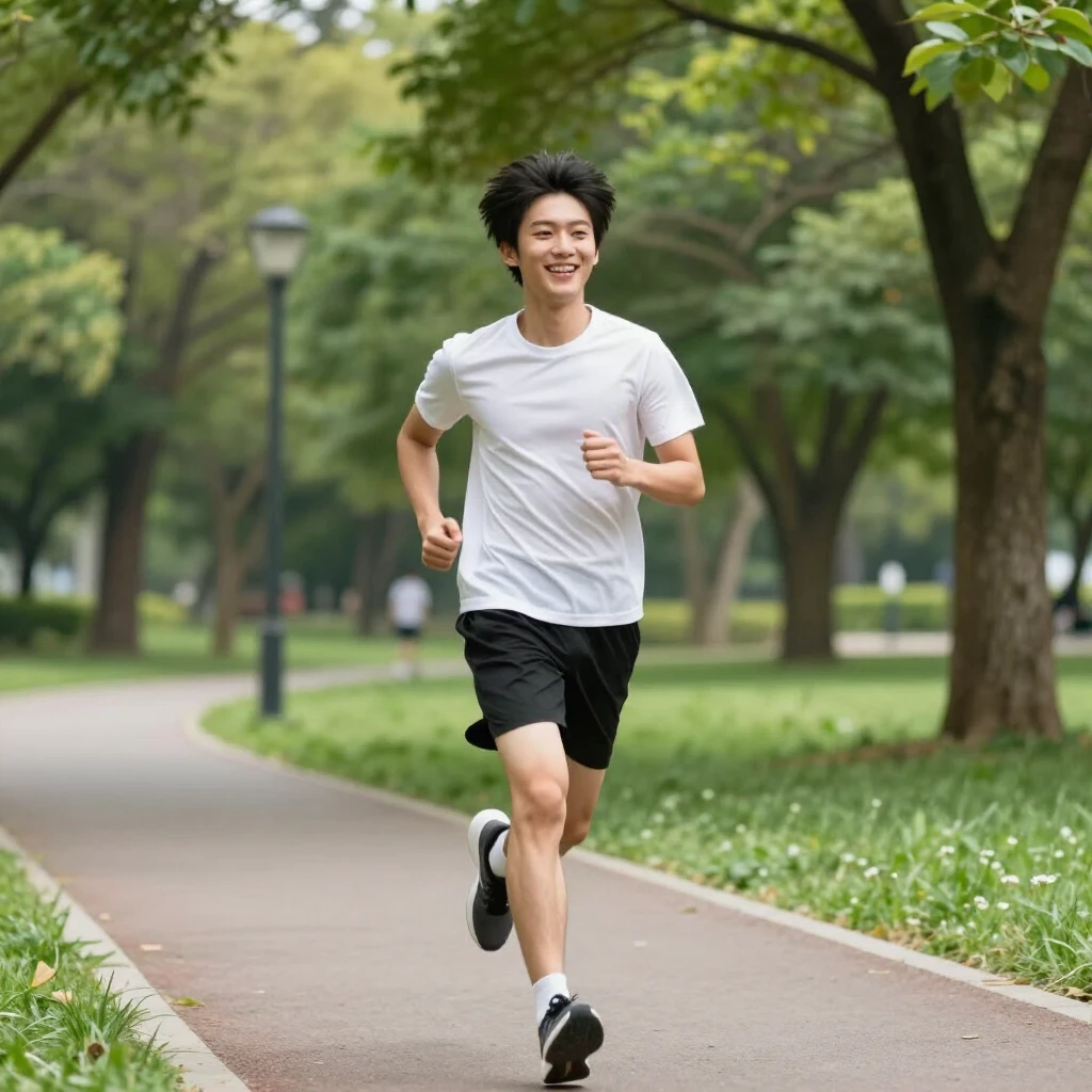 Person jogging happily in a sunny park