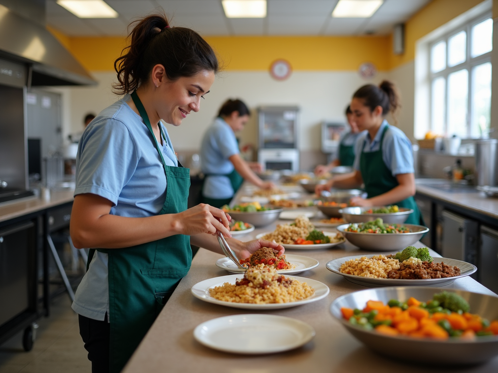 School cafeteria with trained staff preparing allergy-friendly meals.