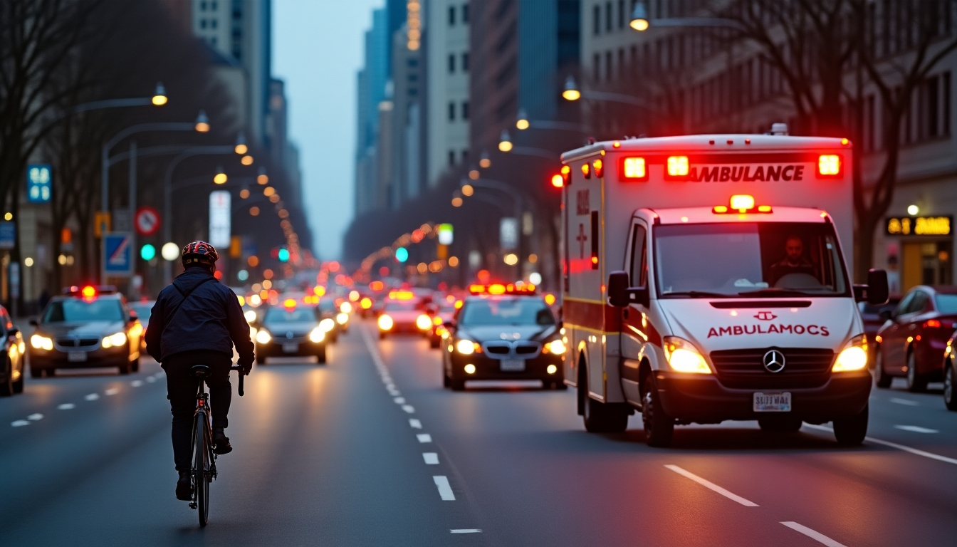 Urban emergency services adapting with a bicycle medic in traffic.