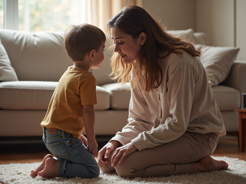 A parent listening attentively to their child during a conversation.
