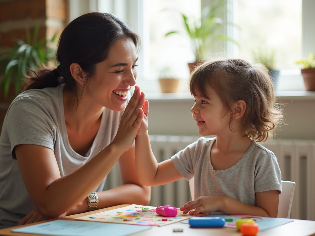 Behavior therapist high-fiving a child during a learning session.