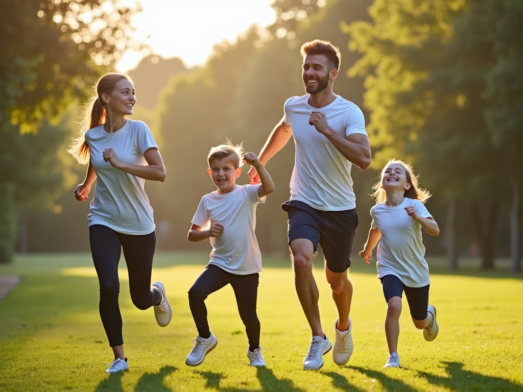 A busy family engaging in a fun physical activity together, highlighting family fitness and bonding through exercise.
