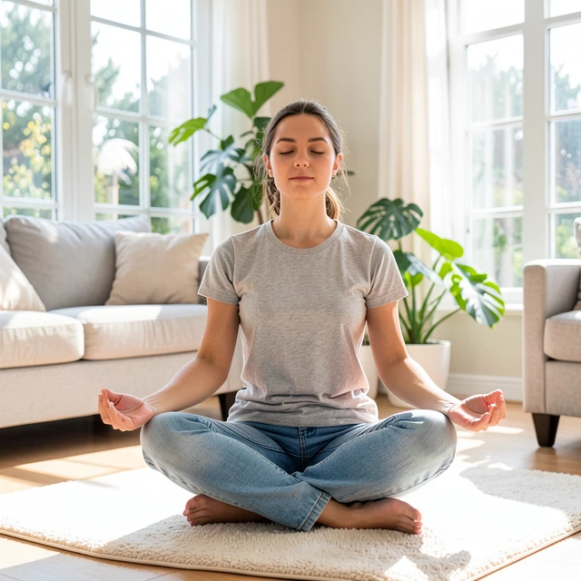 Beginner practicing mindfulness meditation at home