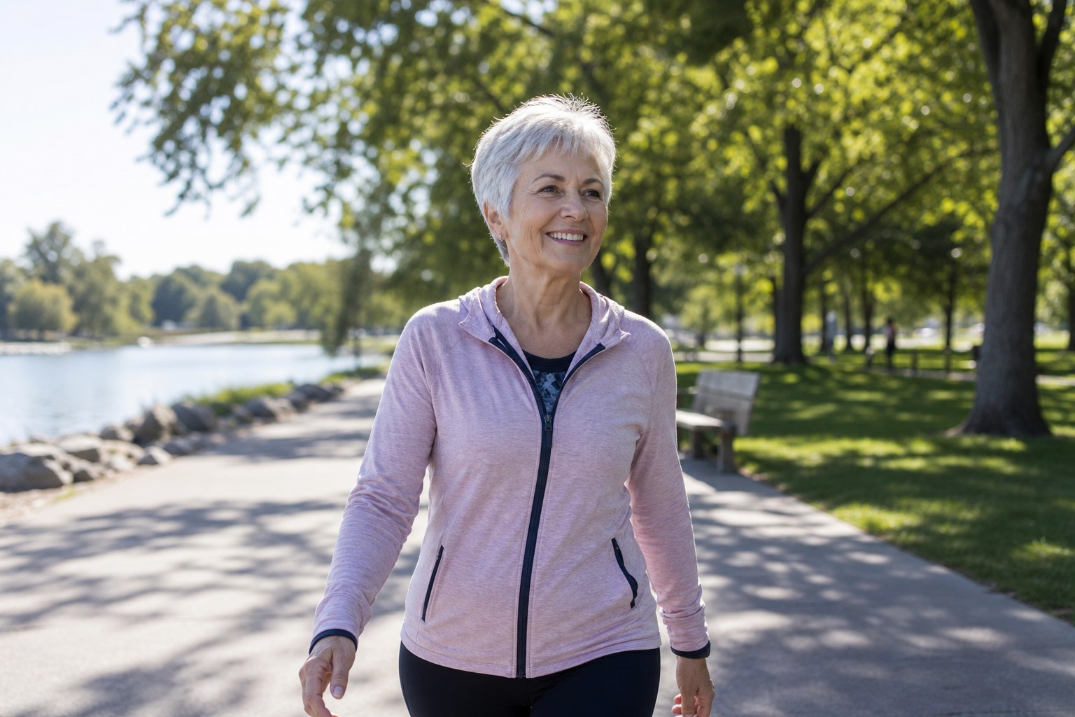 Happy senior woman walking in a sunny park to stay motivated to exercise as you age
