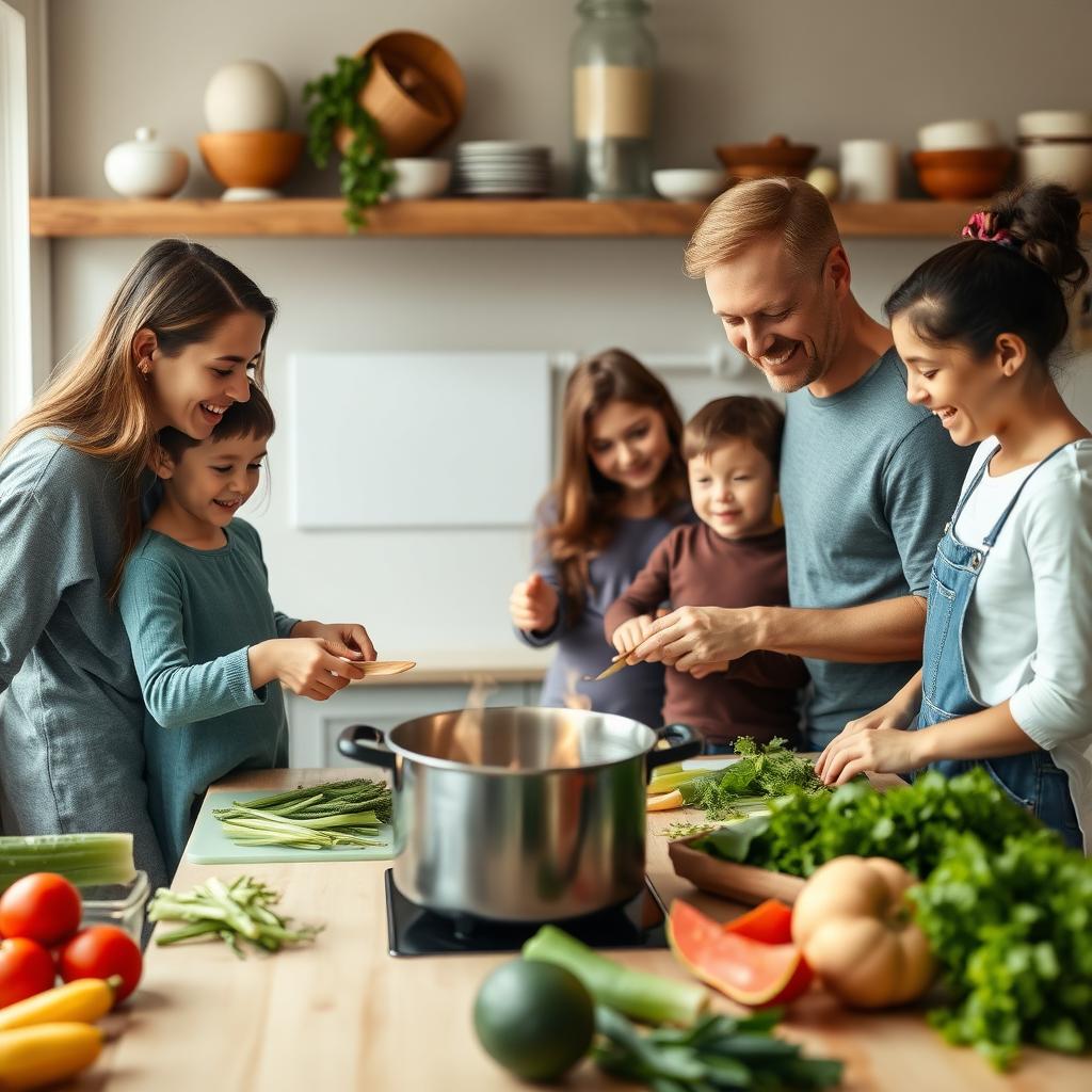 A family cooking a healthy meal together.