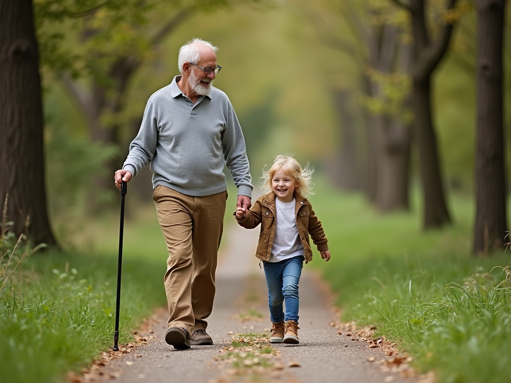 Senior and grandchild enjoying a walk together