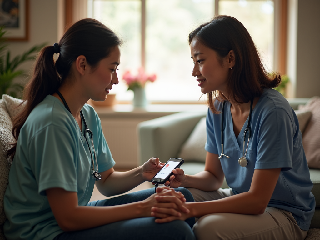 Community health worker educating a patient in a home setting.