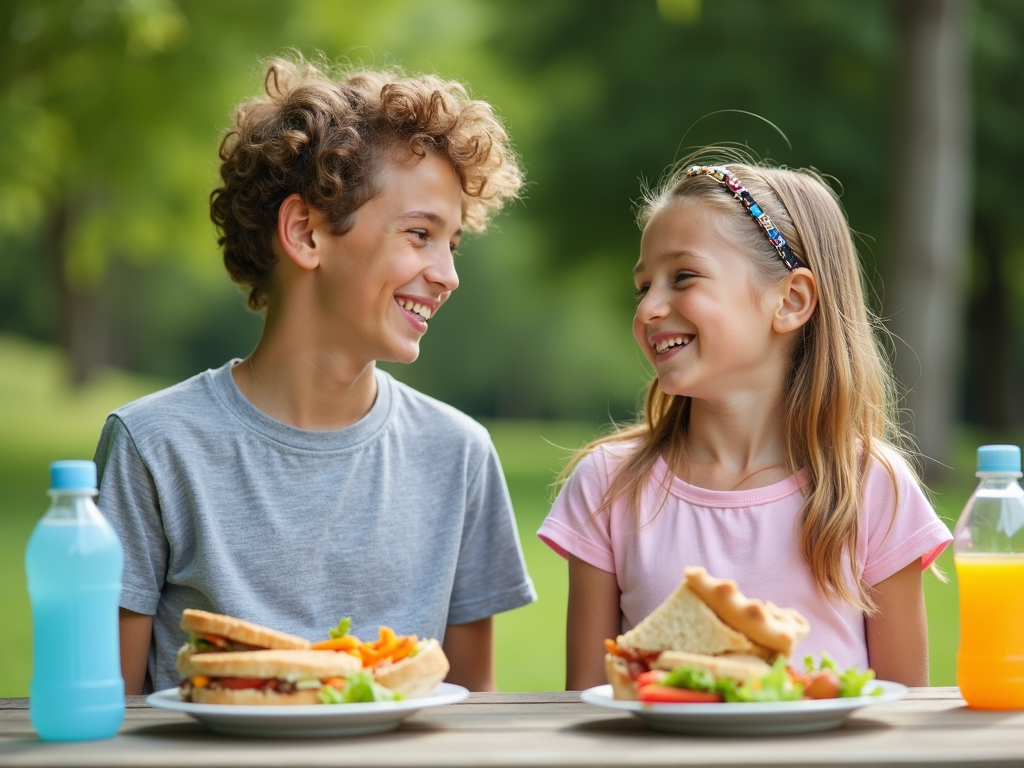 Two teens laughing over a healthy lunch of salads and sandwiches in a park, showing the joy of balanced eating.
