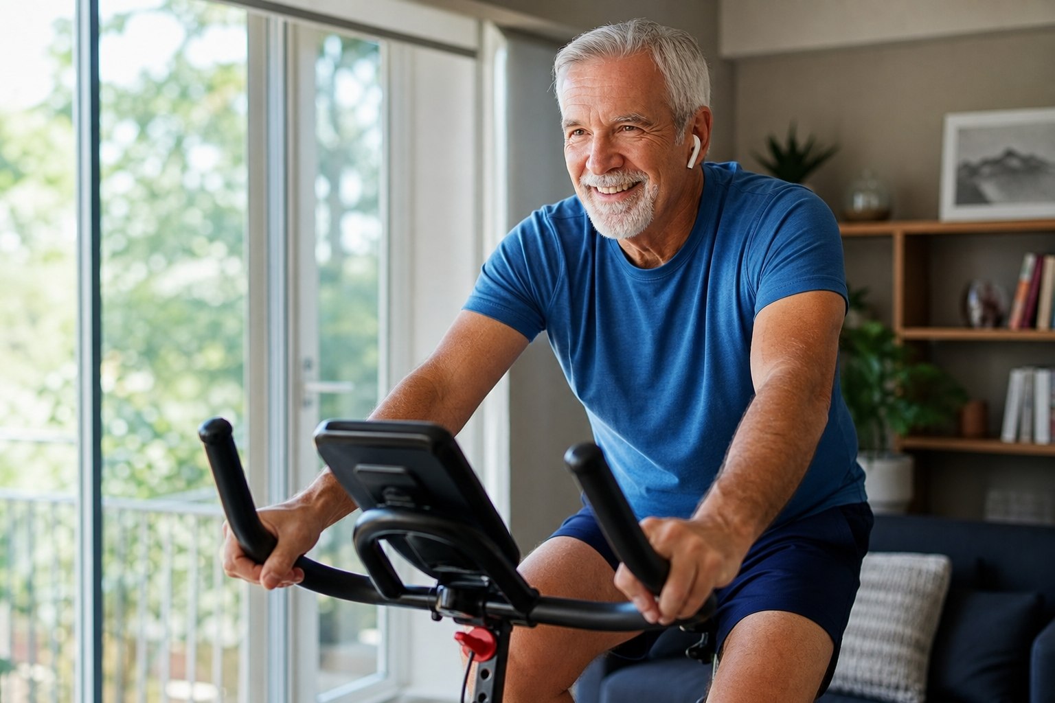 Happy senior man enjoying a calm stationary bike workout at home for heart health